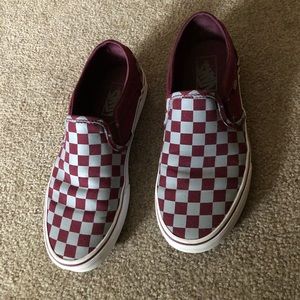 Maroon checkered slip on vans